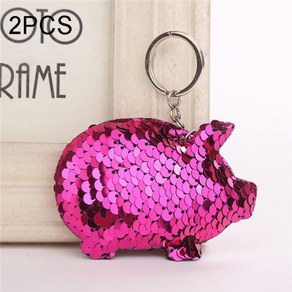 2PCS Cute Chaveiro Pig Keychain Glitter Pompom Sequins Key Chain Gifts for Women Llaveros Mujer Car Bag Accessories Key Ring(magenta) by buy2fix