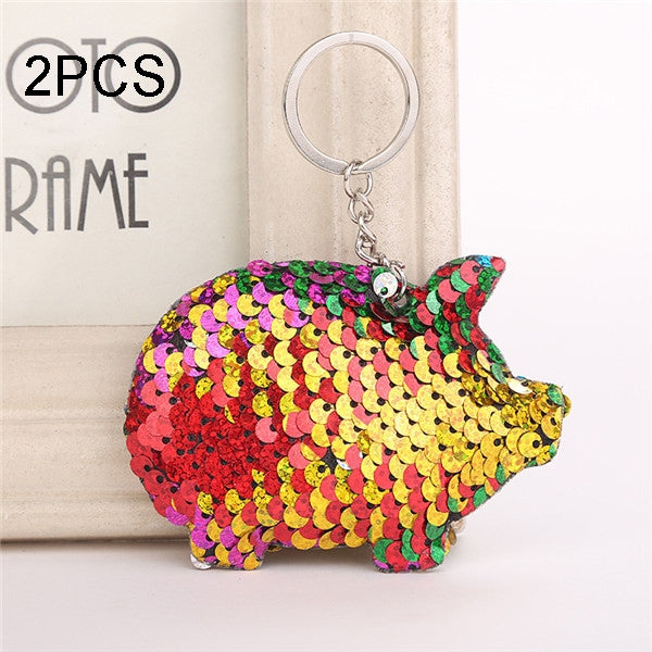2PCS Cute Chaveiro Pig Keychain Glitter Pompom Sequins Key Chain Gifts for Women Llaveros Mujer Car Bag Accessories Key Ring(colorful) by buy2fix