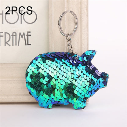 2PCS Cute Chaveiro Pig Keychain Glitter Pompom Sequins Key Chain Gifts for Women Llaveros Mujer Car Bag Accessories Key Ring(blue) by buy2fix
