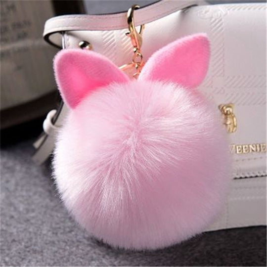 Porte-clés Pom Pom en Fourrure Porte-clés Boule en Fausse Fourrure de Lapin (Rose)