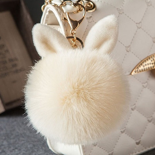Porte-clés Pom en fourrure, fausse boule de fourrure de lapin (blanc crème)