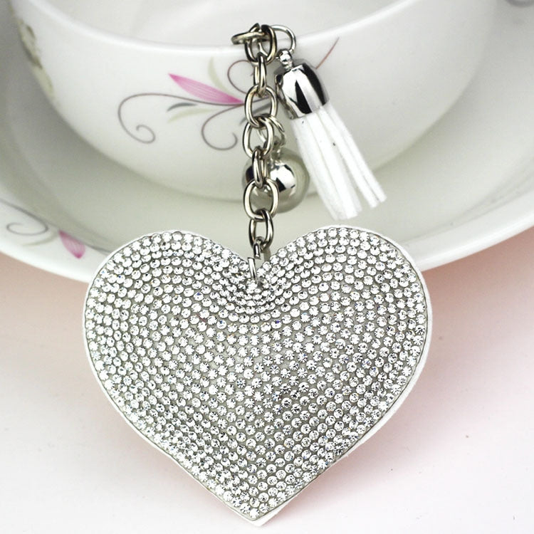 Heart Keychain Leather Tassel Gold Key Holder Metal Crystal Key Chain Keyring Charm Bag Auto Pendant Gift(silver white) by buy2fix