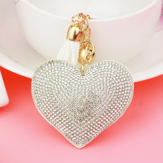 Heart Keychain Leather Tassel Gold Key Holder Metal Crystal Key Chain Keyring Charm Bag Auto Pendant Gift(white) by buy2fix