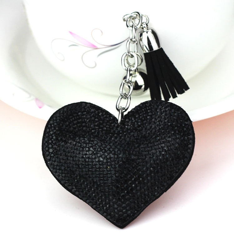 Heart Keychain Leather Tassel Gold Key Holder Metal Crystal Key Chain Keyring Charm Bag Auto Pendant Gift(black) by buy2fix