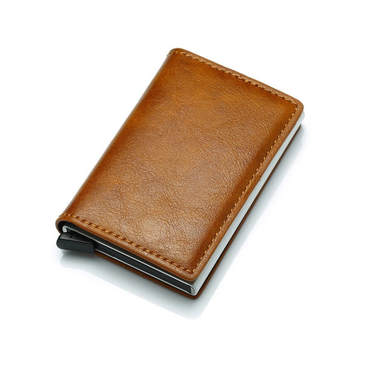 Automatic Elastic Card Type Anti-magnetic RFID Anti-theft Retro Card Package Universal Leather Metal Wallet(Brown)
