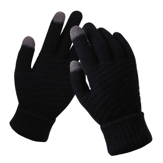 Winter Touch Screen Gloves Women Men Warm Stretch Knit Mittens Imitation Wool Thicken Full Finger Gloves(Black) - Full Finger Gloves by buy2fix | Online Shopping UK | buy2fix