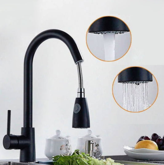 Kitchen Pull-out Faucet Hot And Cold Home 304 Stainless Steel Retractable Rotating Faucet, Style:Stainless Steel Black - Faucets & Accessories by buy2fix | Online Shopping UK | buy2fix