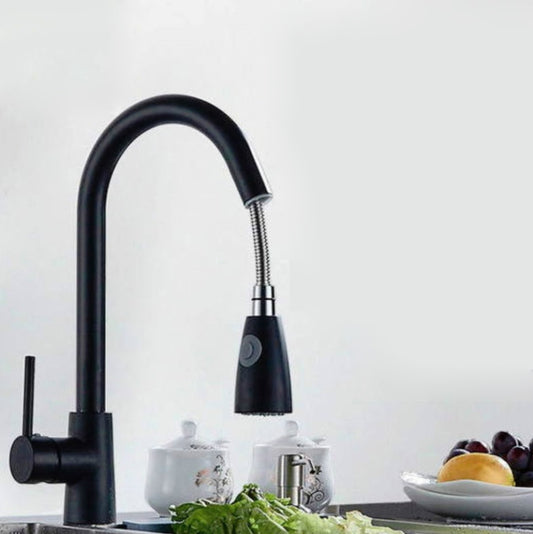 Kitchen Pull-out Faucet Hot And Cold Home 304 Stainless Steel Retractable Rotating Faucet, Style:Stainless Steel Black - Faucets & Accessories by buy2fix | Online Shopping UK | buy2fix