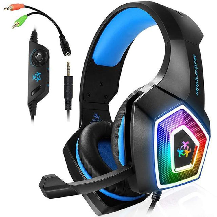V1 3.5mm RGB Colorful Luminous Wire Control Gaming Headset, Cable Length: 2.2m(Black Blue) by buy2fix