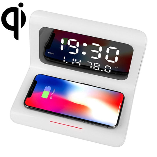 RT1 10W QI Universelles kabelloses Multifunktions-Handy-Ladegerät mit Wecker und Zeit- / Kalender- / Temperaturanzeige (Weiß)