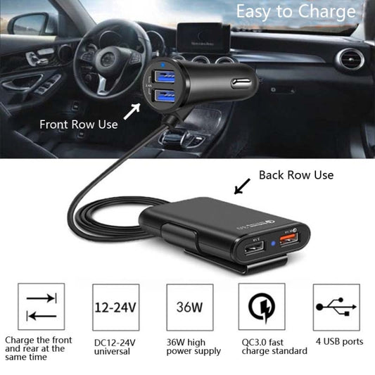 One For Four 8A Car Charger QC3.0 Fast Charge 4USB Car Front And Rear Seat Car Charger - Car Charger by buy2fix | Online Shopping UK | buy2fix