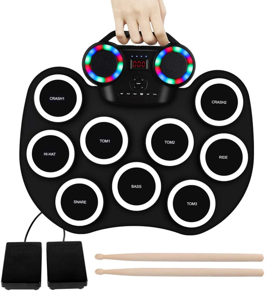 Portable Hand Roll Electronic Drum Flashing Light Bluetooth Drum(Black White) by buy2fix