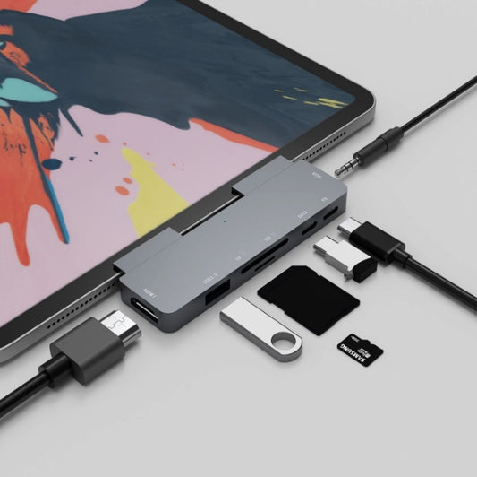 300A 7 in 1 USB3.0x1 + HDMIx1 + PD Portx1 + Type-Cx1 + SD/TF + 3.5mm Portx1 Multifunctional Extension HUB Adapter for iPad Pro(Gray) - USB HUB by buy2fix | Online Shopping UK | buy2fix