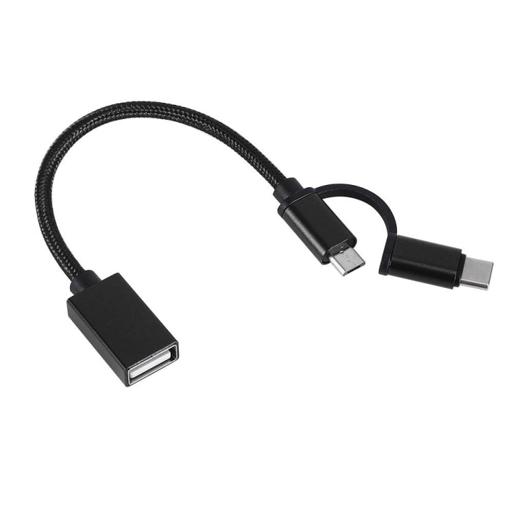 USB 3.0 Female to Micro USB + USB-C / Type-C Male Charging + Transmission OTG Nylon Braided Adapter Cable, Cable Length: 19cm(Black) by buy2fix