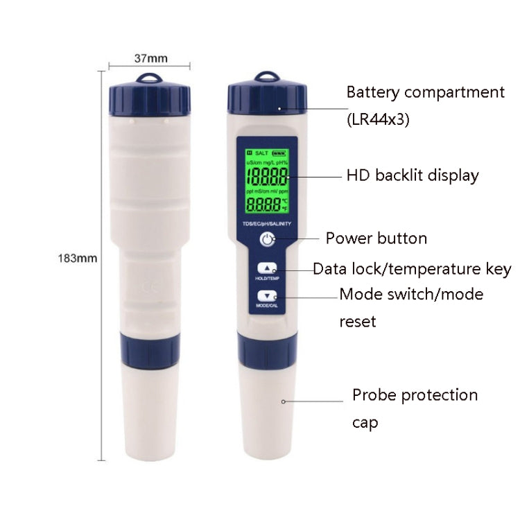 EZ-9909 PH/Salinity/Temperature/TDS/EC 5-in-1 Test Pen Multifunctional Water Quality Detector - PH & Moisture Meter by buy2fix | Online Shopping UK | buy2fix