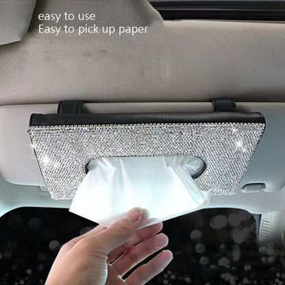 Car Tissue Box Car Hanging Sun Visor Pumping Box(Beige White Diamonds) by buy2fix