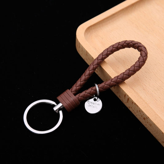 Woven Leather Cord Keychain Car Pendant Leather Key Ring Baotou With Small Round Piece(Brown) by buy2fix