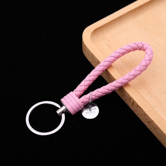 Woven Leather Cord Keychain Car Pendant Leather Key Ring Baotou With Small Round Piece(Pink) by buy2fix