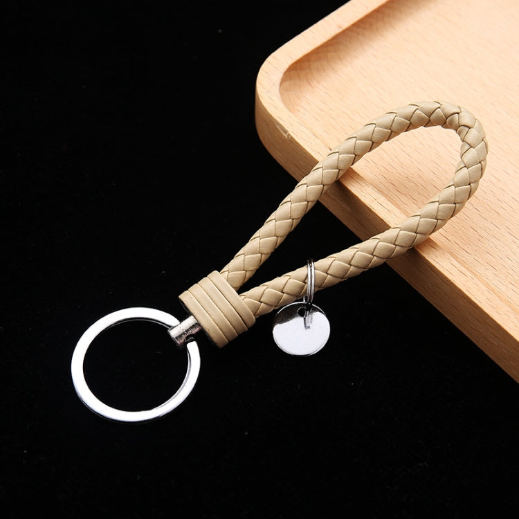Woven Leather Cord Keychain Car Pendant Leather Key Ring Baotou With Small Round Piece(Khaki) by buy2fix