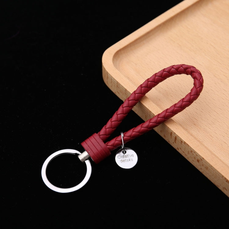 Woven Leather Cord Keychain Car Pendant Leather Key Ring Baotou With Small Round Piece(Red Wine) - Key Rings by buy2fix | Online Shopping UK | buy2fix
