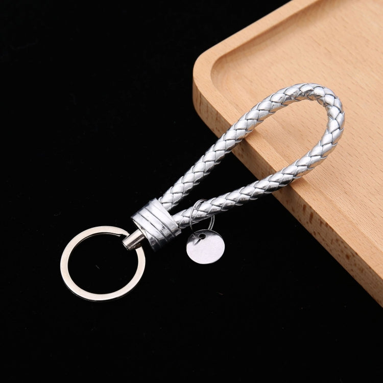 Woven Leather Cord Keychain Car Pendant Leather Key Ring Baotou With Small Round Piece(Silver) by buy2fix