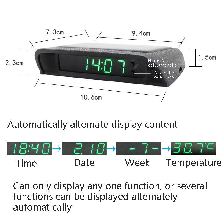 Solar Night Light Car Clock Automotive Electronic Clock Temperature Time+Date+Week+Temperature(Green Light) - Clocks & Car Meters by buy2fix | Online Shopping UK | buy2fix