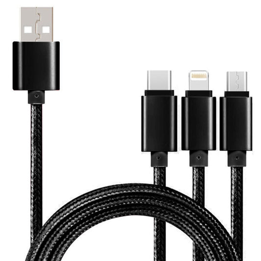 5 PCS 2A 3 In 1 USB To USB-C / Type-C + 8 Pin + Micro USB Braided Data Cable(Black) by buy2fix