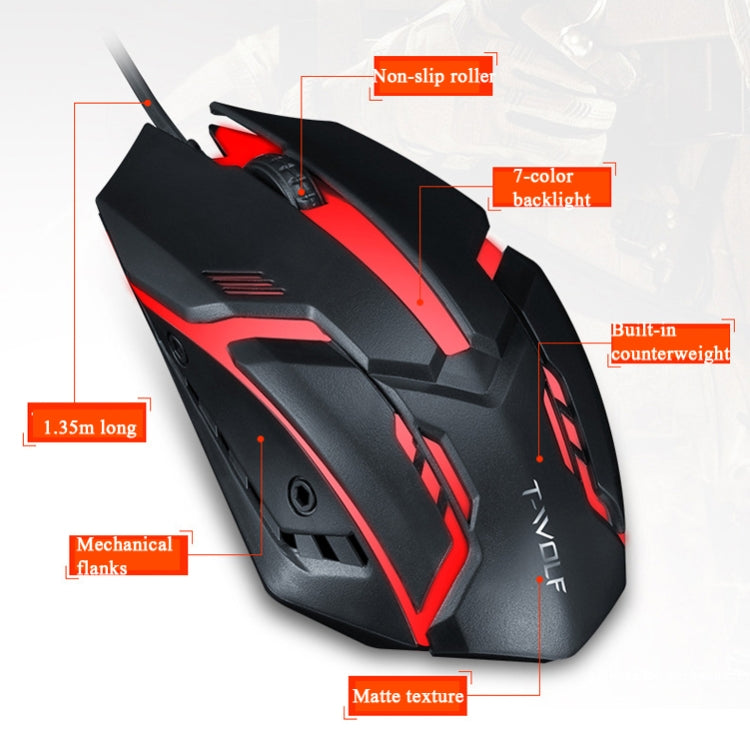 2 PCS T-WOLF V1 USB Interface 3-Buttons 1200 DPI Wired Mouse 7-Color Backlit Gaming Mouse, Cable Length: 1.35m by buy2fix
