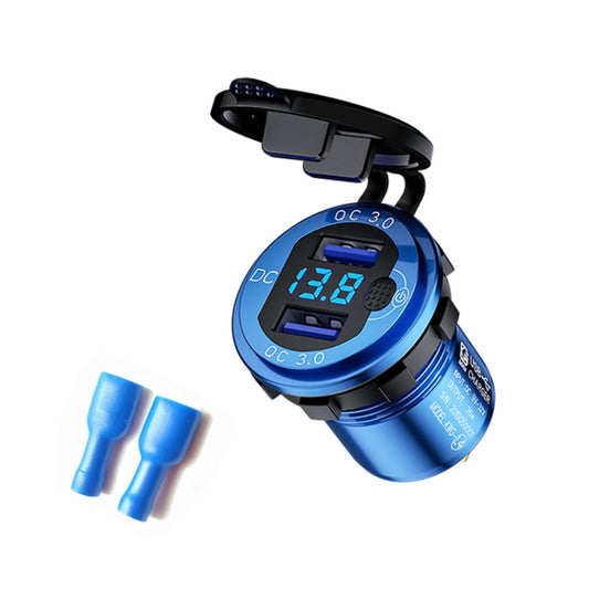 Aluminum Alloy Double QC3.0 Fast Charge With Button Switch Car USB Charger Waterproof Car Charger Specification: Blue Shell Blue Light With Terminal - DIY Modified Charger by buy2fix | Online Shopping UK | buy2fix