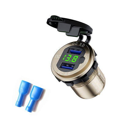 Aluminum Alloy Double QC3.0 Fast Charge With Button Switch Car USB Charger Waterproof Car Charger Specification: Golden Shell Green Light With Terminal - DIY Modified Charger by buy2fix | Online Shopping UK | buy2fix