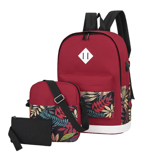 3 in 1 College Style Casual Backpack Student USB Charging Backpack(Leaves Red) - Double-shoulder Bags by buy2fix | Online Shopping UK | buy2fix