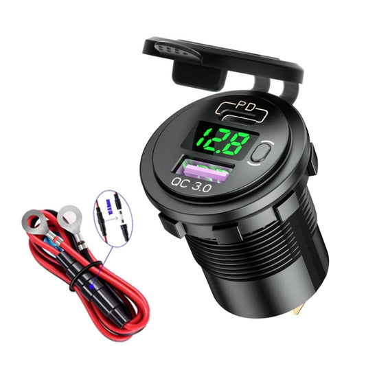 12V Modified Car USB Charger With Voltage Display PD QC3.0 Socket(With 60cm Line Green Light) - DIY Modified Charger by buy2fix | Online Shopping UK | buy2fix