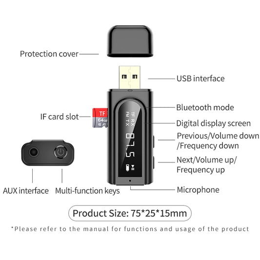 K9 USB Car Bluetooth 5.0 Adapter Receiver FM + AUX Audio Dual Output Stereo Transmitter (Black) - Audio Receiver Transmitter by buy2fix | Online Shopping UK | buy2fix