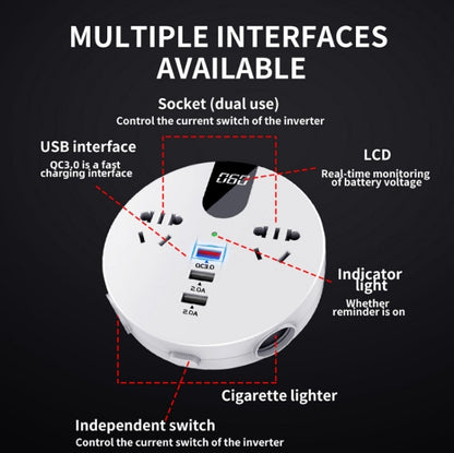 QC3.0 Car 12V 24V To 110V 220V Multi-function Inverter(White Round) - DIY Modified Charger by buy2fix | Online Shopping UK | buy2fix