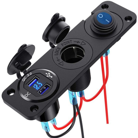 12-24V Car Ship Waterproof USB Charging Cigarette Lighter Master 3 In 1 Combined Panel Switch(Blue Light) - Car Switches by buy2fix | Online Shopping UK | buy2fix