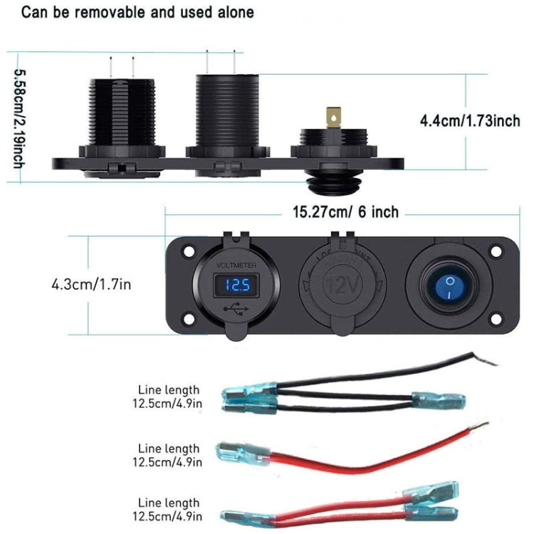 12-24V Car Ship Waterproof USB Charging Cigarette Lighter Master 3 In 1 Combined Panel Switch(Blue Light) - Car Switches by buy2fix | Online Shopping UK | buy2fix