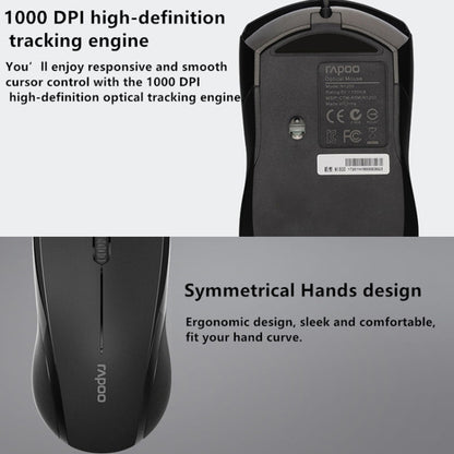 Rapoo N1600 1000 DPI 3 Keys Office Business Silent Wired Mouse, Cable Length: 1.5m(Black) - Wired Mice by Rapoo | Online Shopping UK | buy2fix