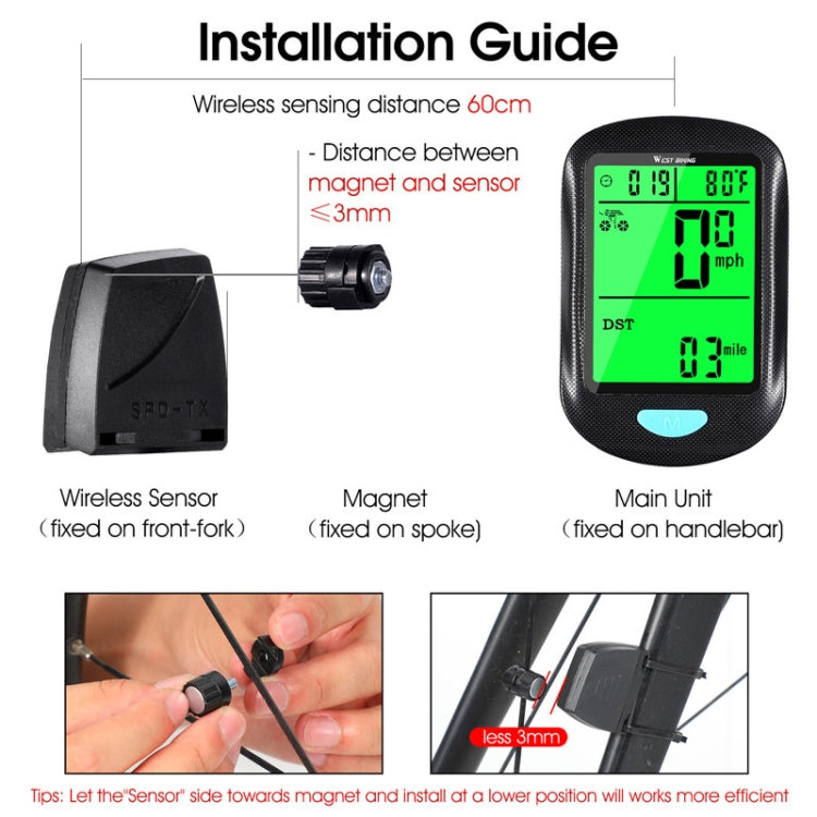 WEST BIKING Mountain Road Bike Wireless Code Meter Multi-Function Interface Riding Speedometer(Black) by WEST BIKING