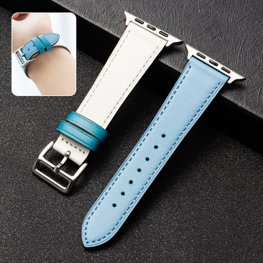 Cowhide Leather Strap Watch Band For Apple Watch Ultra 49mm&Watch Ultra 2 49mm / Series 9&8&7 45mm / SE 3&SE 2&6&SE&5&4 44mm / 3&2&1 42mm(Light Blue White) - Watch Bands by buy2fix | Online Shopping UK | buy2fix
