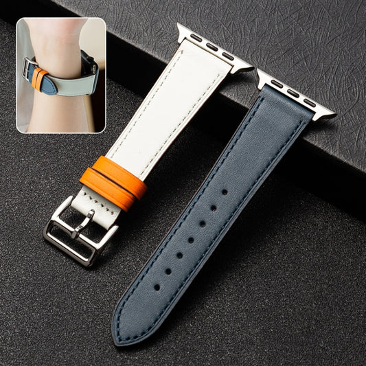 Cowhide Leather Strap Watch Band For Apple Watch Ultra 49mm&Watch Ultra 2 49mm / Series 9&8&7 45mm / SE 3&SE 2&6&SE&5&4 44mm / 3&2&1 42mm(Dark Blue White) - Watch Bands by buy2fix | Online Shopping UK | buy2fix
