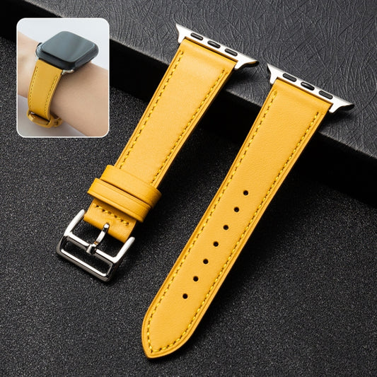 Cowhide Leather Strap Watch Band For Apple Watch Ultra 49mm&Watch Ultra 2 49mm / Series 9&8&7 45mm / SE 3&SE 2&6&SE&5&4 44mm / 3&2&1 42mm(Yellow) - Watch Bands by buy2fix | Online Shopping UK | buy2fix