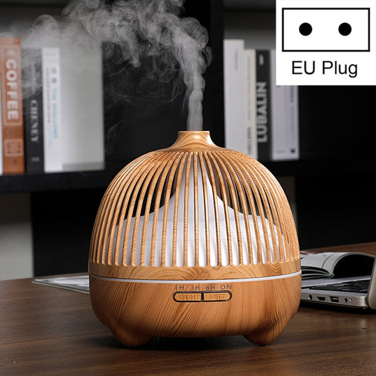 Bird Cage Wood Graphic Aromatherapy Machine Ultrasonic Smart Home Colorful Night Light Hollow Humidifier, Product specifications: EU Plug(Light Wood Pattern)