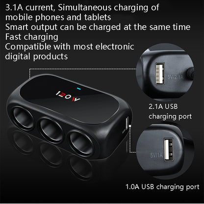 Car Charger Cigarette Lighter 1 In 3 Mobile Phone USB Car Charger(Black) - Cigar Socket by buy2fix | Online Shopping UK | buy2fix