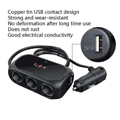 Car Charger Cigarette Lighter 1 In 3 Mobile Phone USB Car Charger(White) - Cigar Socket by buy2fix | Online Shopping UK | buy2fix