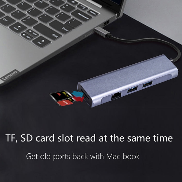 T1901 Type-C Docking Station Multifunction Adapter HD Media Interface + RJ45 + USB3.0 X 2 + SD + TF Multifunction Hub(6 in 1 Silver Gray) by buy2fix