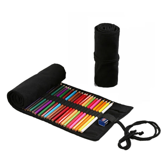 72 Holes  Pure Black Handmade Canvas Roll Pen Bag Large Capacity Boy And Girl Sketch Color Pencil Curtain - Pen Holder by buy2fix | Online Shopping UK | buy2fix