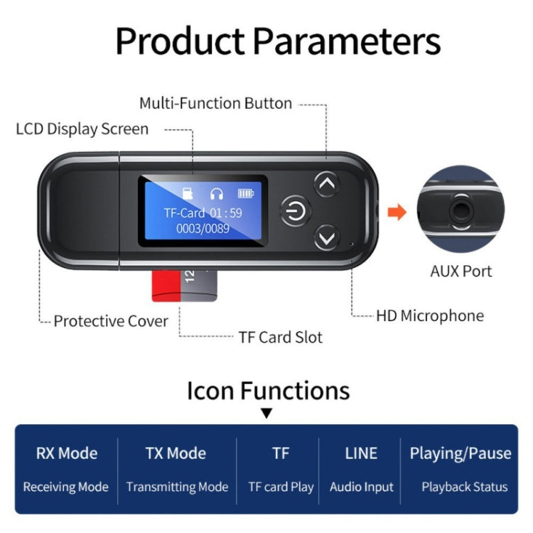K15Pro With LCD Screen Bluetooth Adapter Audio Receiver Transmitter 3.5mm AUX Car Hands-Free - Bluetooth Adapters by buy2fix | Online Shopping UK | buy2fix