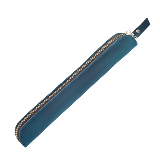 Étui de protection en cuir avec fermeture éclair pour stylet en cuir rétro simple, mini étui à stylos en peau de cheval fou (bleu)