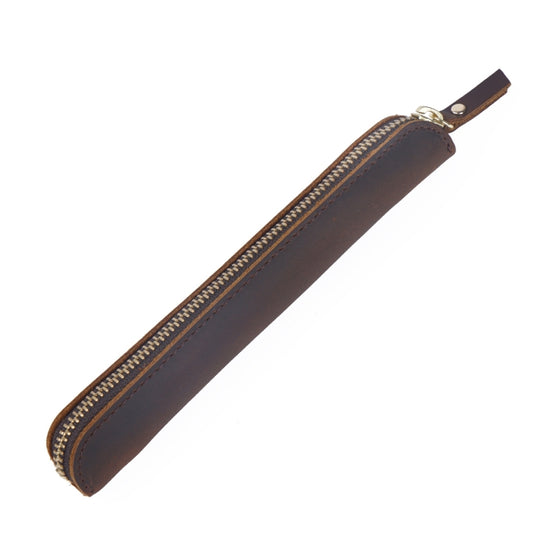 Étui de Protection en cuir avec fermeture éclair pour stylet en cuir rétro Simple, Mini étui à stylo en peau de cheval fou (marron foncé)