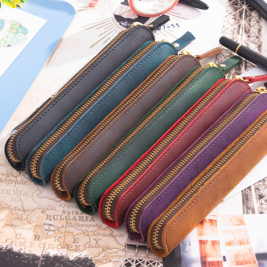 Retro Simple Leather Stylus Leather Zipper Pen Protection Case Crazy Horse Skin Mini Pen Case(Deep Brown) - Pen Holder by buy2fix | Online Shopping UK | buy2fix